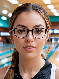The athletic woman in black volleyball uniform stuns with surprise at the bowling alley